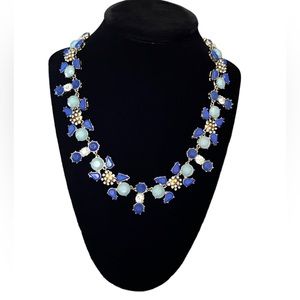 J Crew Statement Necklace Silver Tone Blue Crystal Faceted Rhinestone 18”